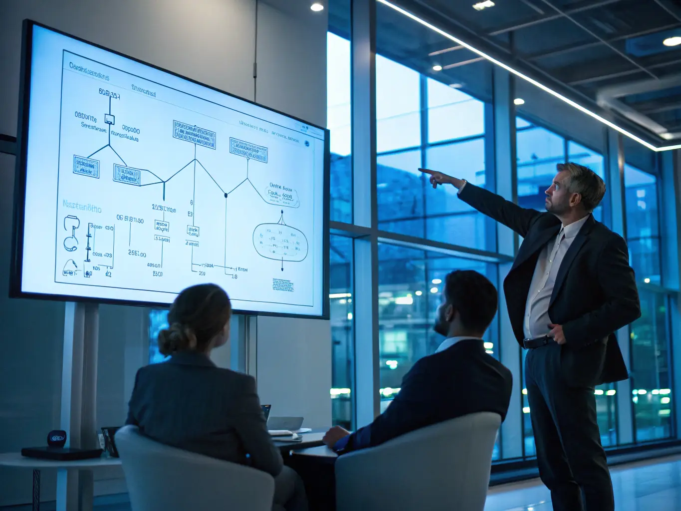 A consultant analyzing business processes on a whiteboard, identifying areas for improvement and optimization.