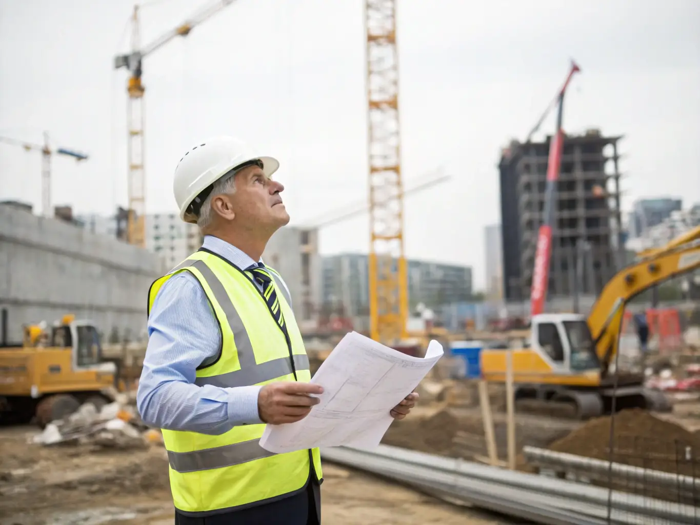 A project manager overseeing a team in a construction site, using digital tools to track progress and ensure timely completion, emphasizing efficiency and effective resource management in Kazakhstan.