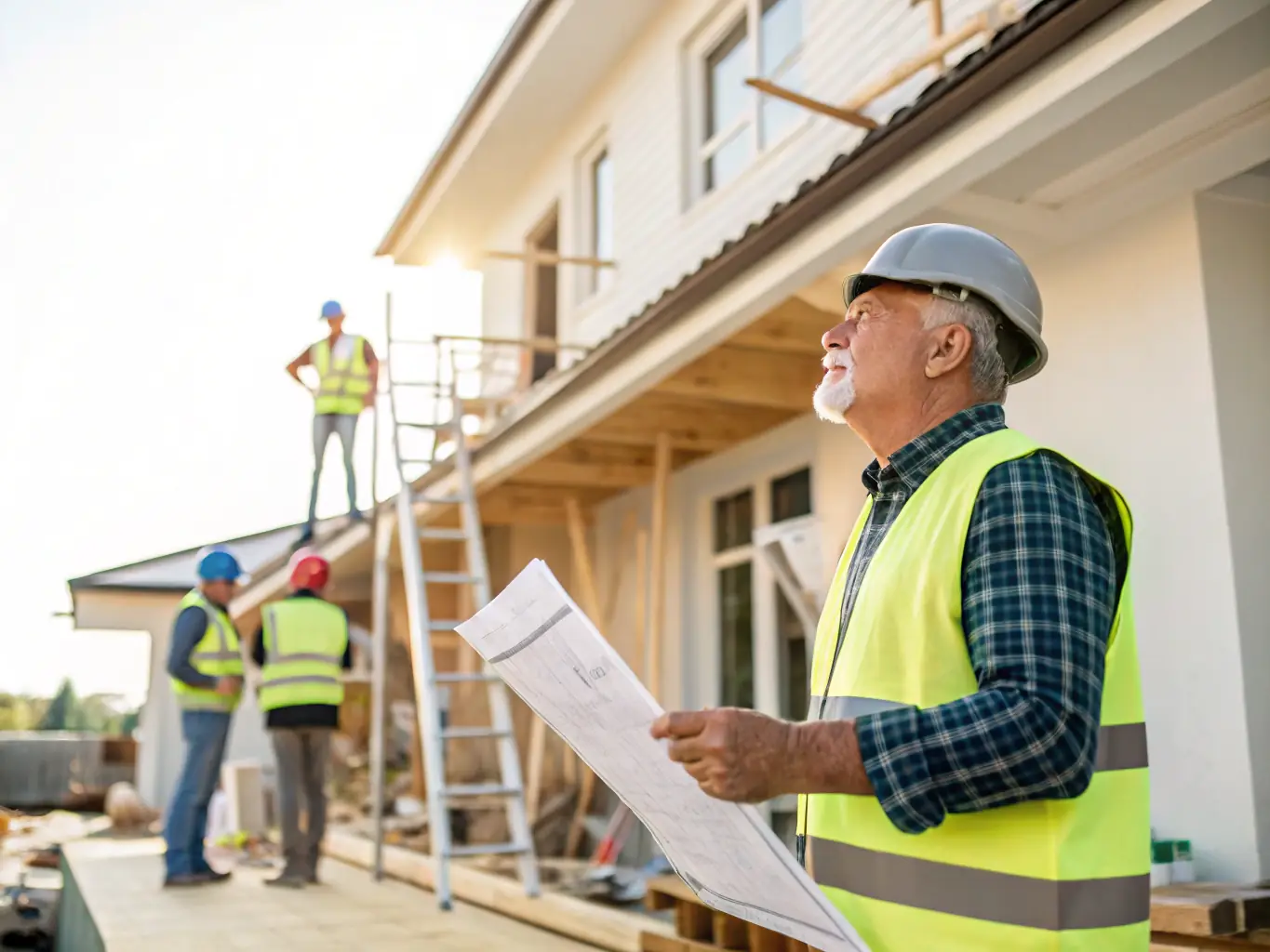 A project manager overseeing a team in a construction site, using digital tools to track progress and ensure timely completion.