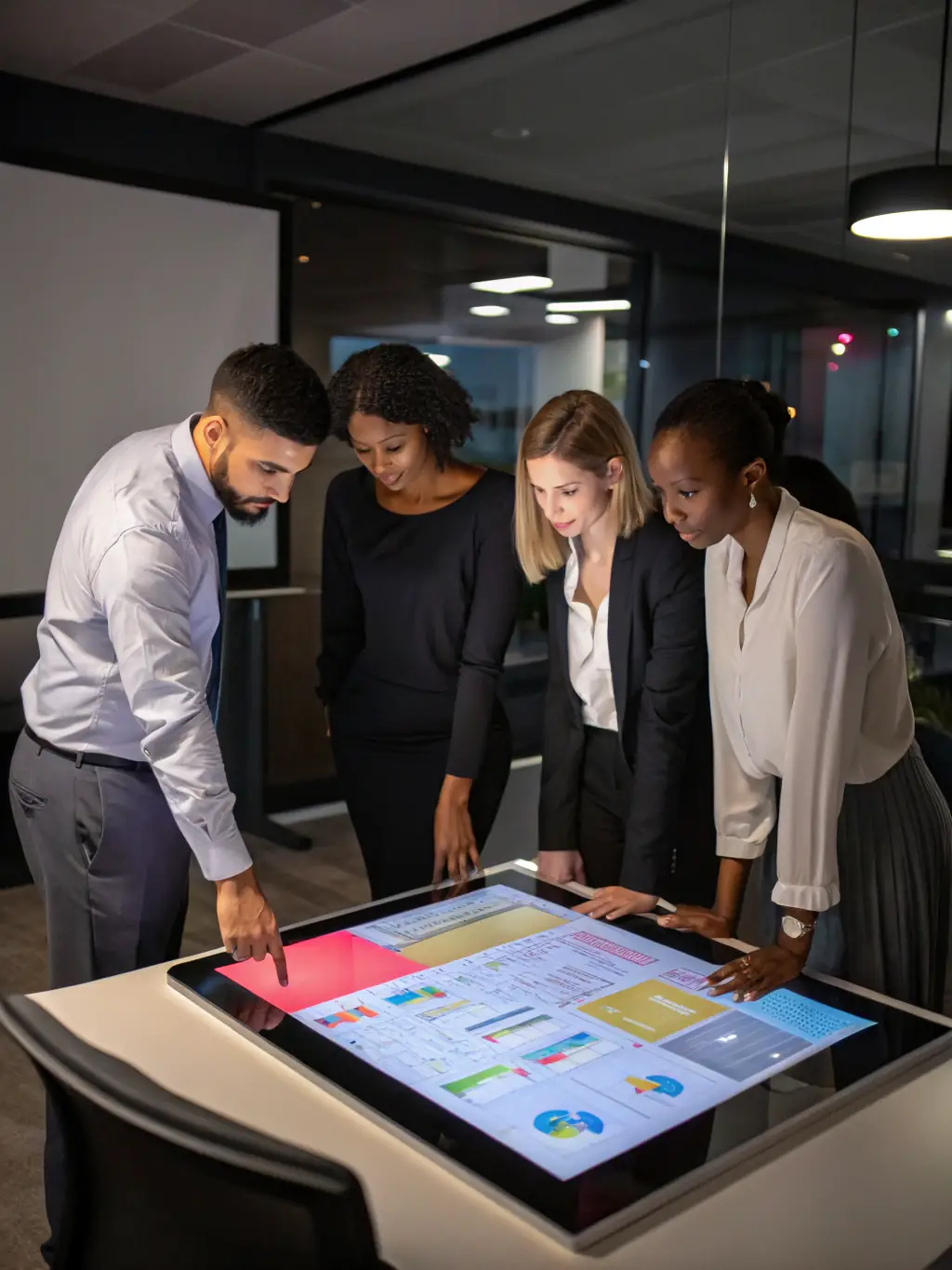 A team conducting a performance review with data analytics displayed on a screen, representing SmartkzCons' Efficiency Improvement service.