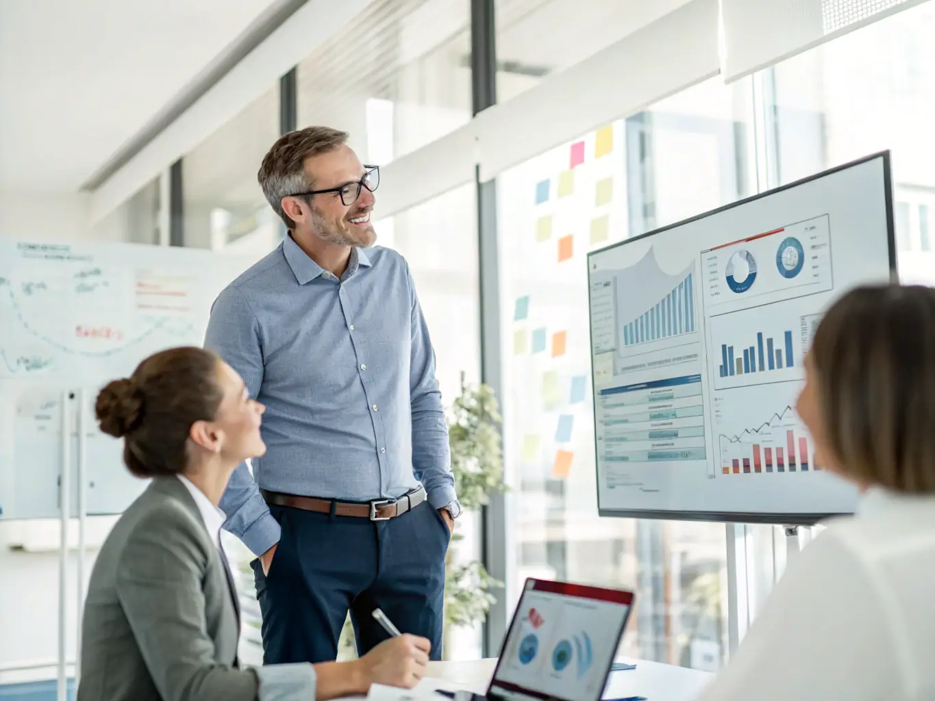 A consultant analyzing business processes on a whiteboard, identifying bottlenecks and areas for improvement, with a focus on optimizing workflows and reducing operational costs in Kazakhstan.