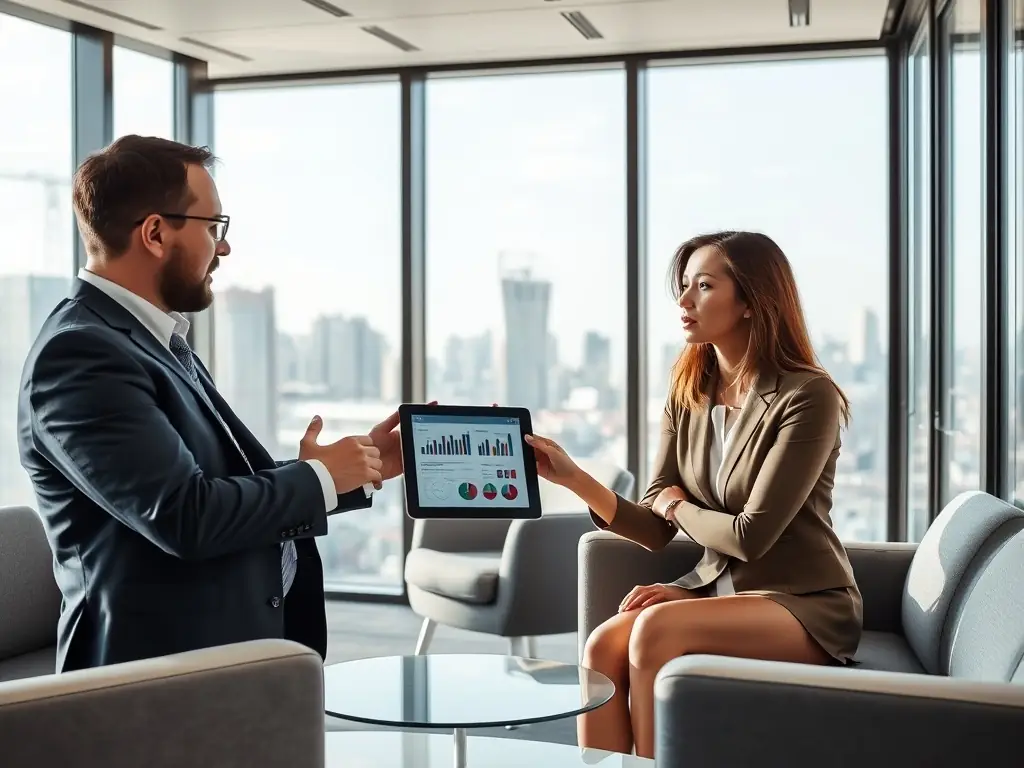 A professional consultant in a modern office setting, working with a client on strategic planning, reviewing charts and graphs, with a focus on collaborative problem-solving and business growth in Kazakhstan.