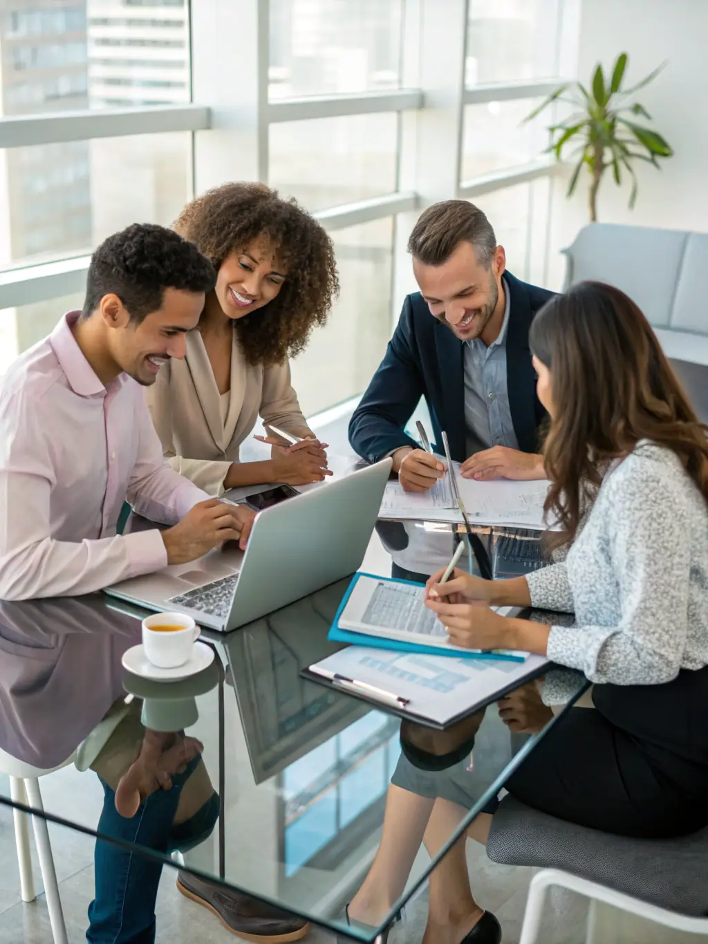 A team of consultants collaborating with business leaders over strategic documents in a modern office, representing SmartkzCons' Strategic Planning service.